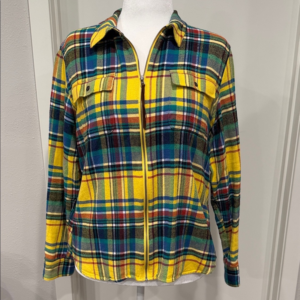 Chaps Plaid Flannel Shacket L Zip Up Cotton Jacket Yellow Green Blue EUC - Picture 2 of 9
